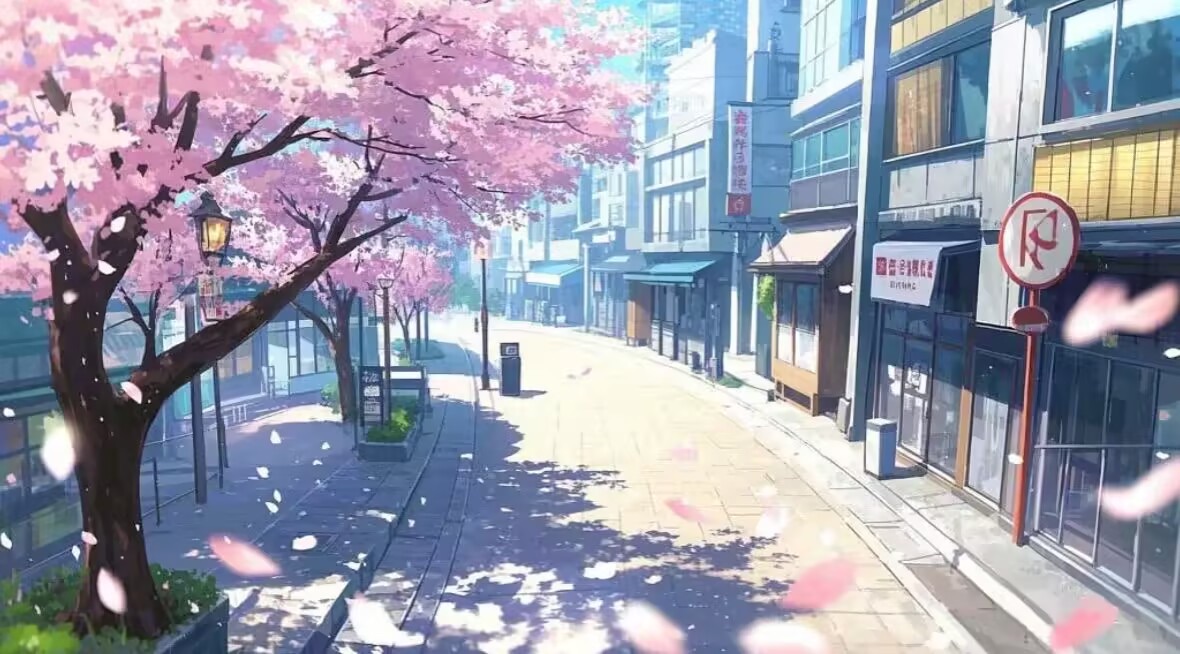 《和小雯的一日漫记》场景插画：樱花树下的街道